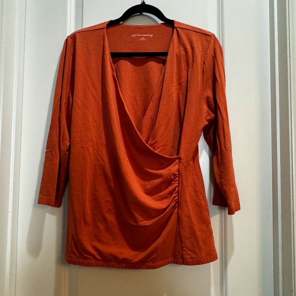 Soft Surrounding Burnt Orange Faux Wrap Top Large 3/4Sleeves Armpit To Armpit20”